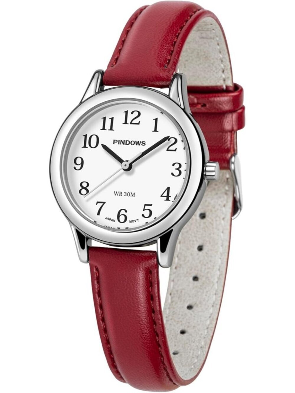 Pindows Women's Red Elegant Quartz Analog Leather Strap Fashionable Wrist Watch